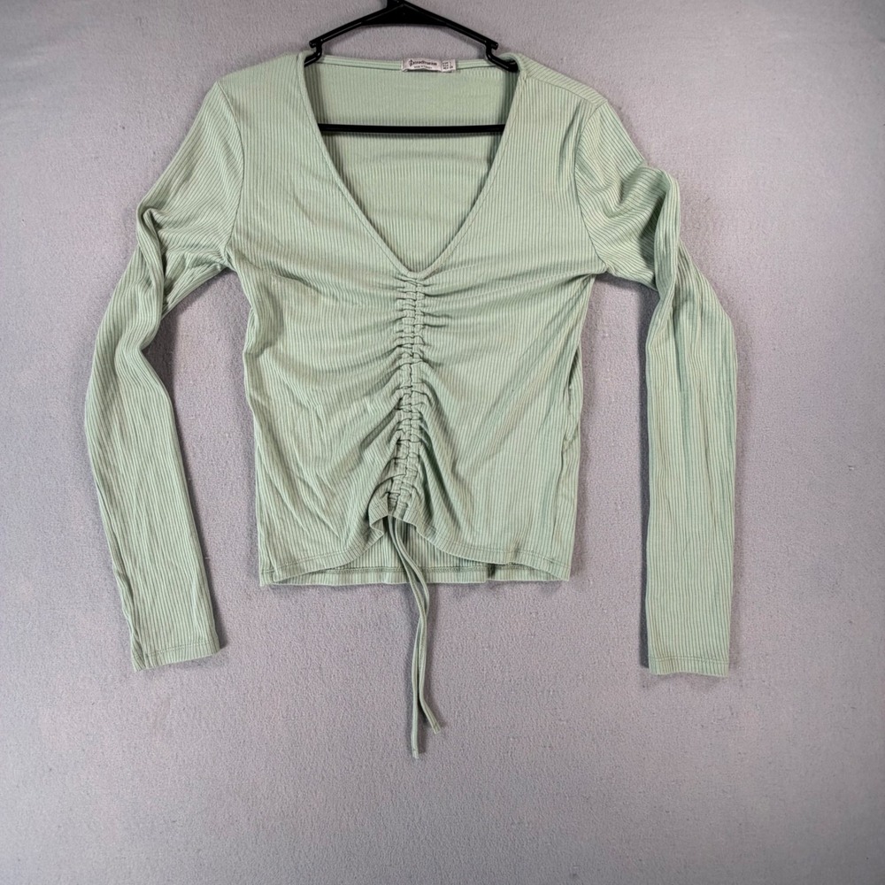 Ruched Top Womens L Mint Green Ribbed V Neck Y2K Drawstring Long Sleeve Fitted
